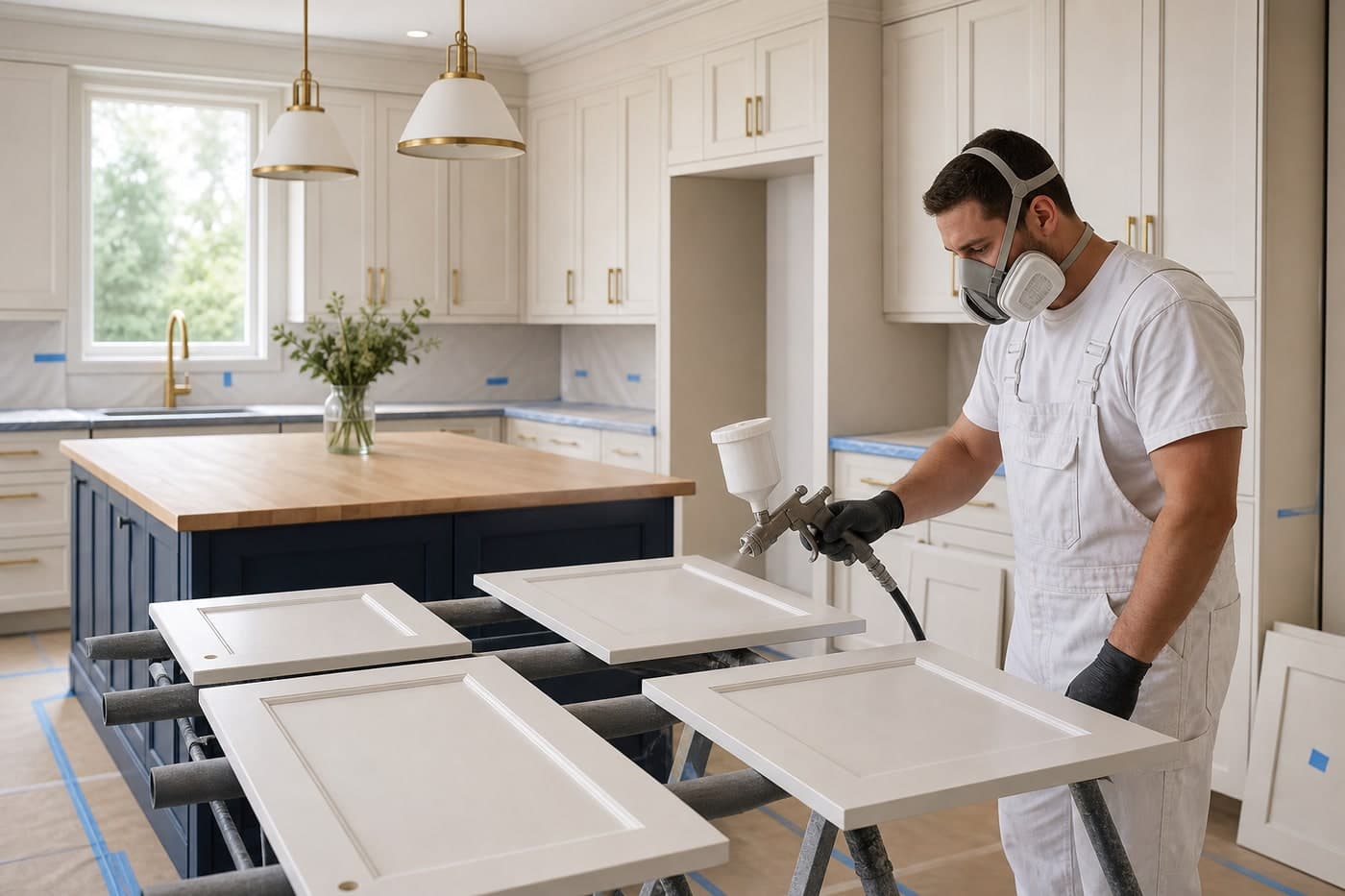 A cabinet painter spray-finishing shaker doors in a protected Ottawa kitchen