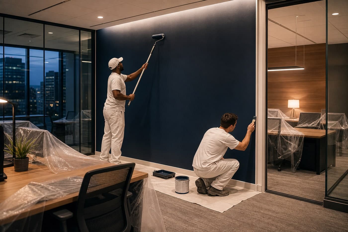 Professional painters applying a deep navy finish in a protected downtown Ottawa office