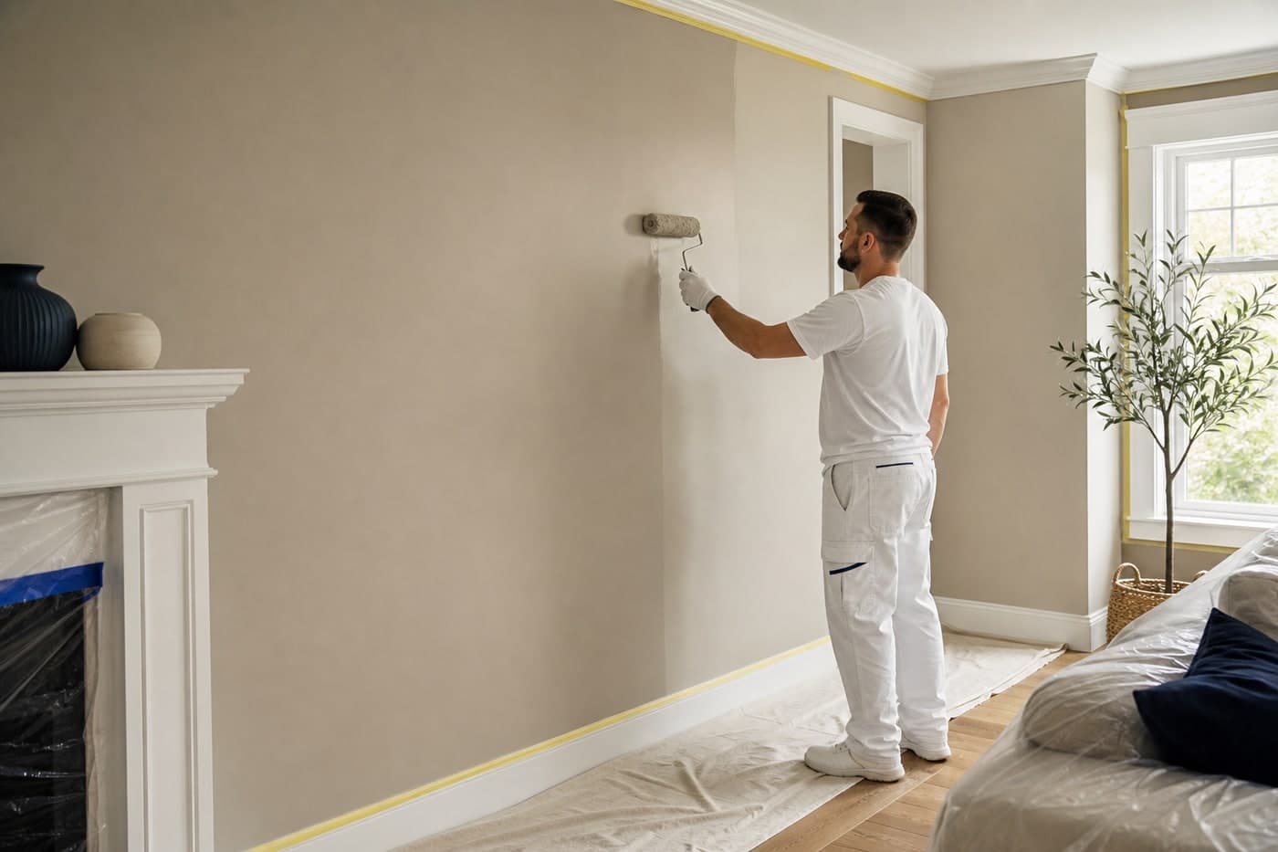 A professional painter rolling a warm finish in a protected Ottawa living room